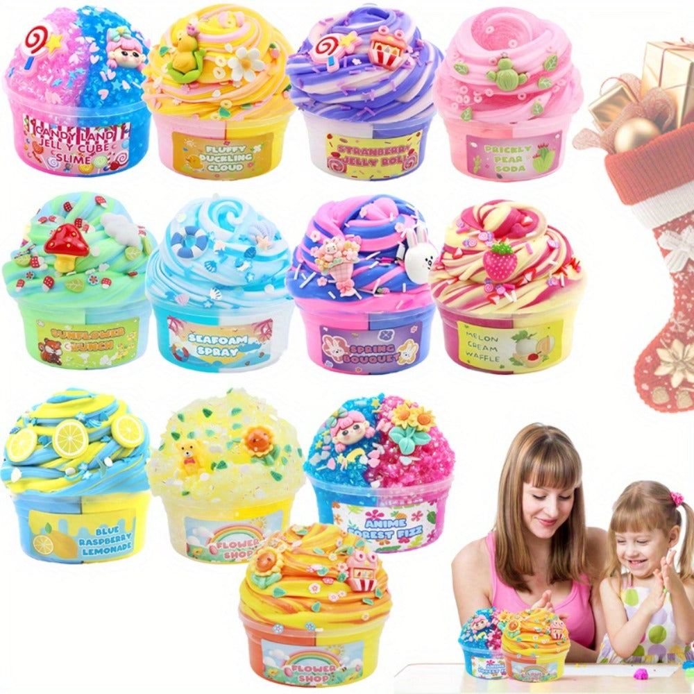 Slime Kit for Girls Boys 12 Cups – Fruit Color Fluffy Slime Making Set with Bull Glue & Mixed Mud, DIY Soft Slime Party Favor Kit, Creative Sensory Toy Gift for Kids Ages 6+