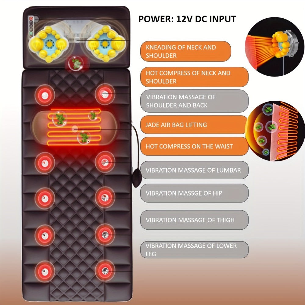 Full Body Shiatsu Massage Mattress – 10-Zone Vibration with Neck Kneading & Hot Compress, 12V Safety Voltage Massage Mat for Back Neck & Waist Relief, Home Relaxation Gift for Men Women