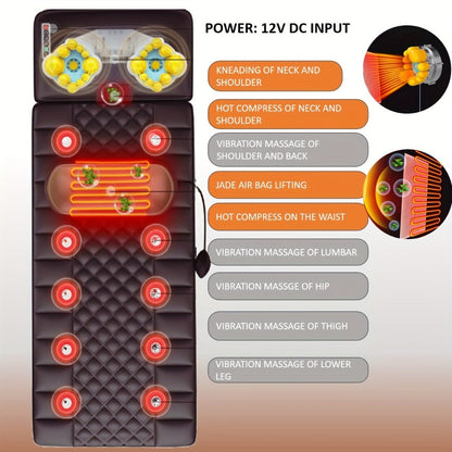 Full Body Shiatsu Massage Mattress – 10-Zone Vibration with Neck Kneading & Hot Compress, 12V Safety Voltage Massage Mat for Back Neck & Waist Relief, Home Relaxation Gift for Men Women