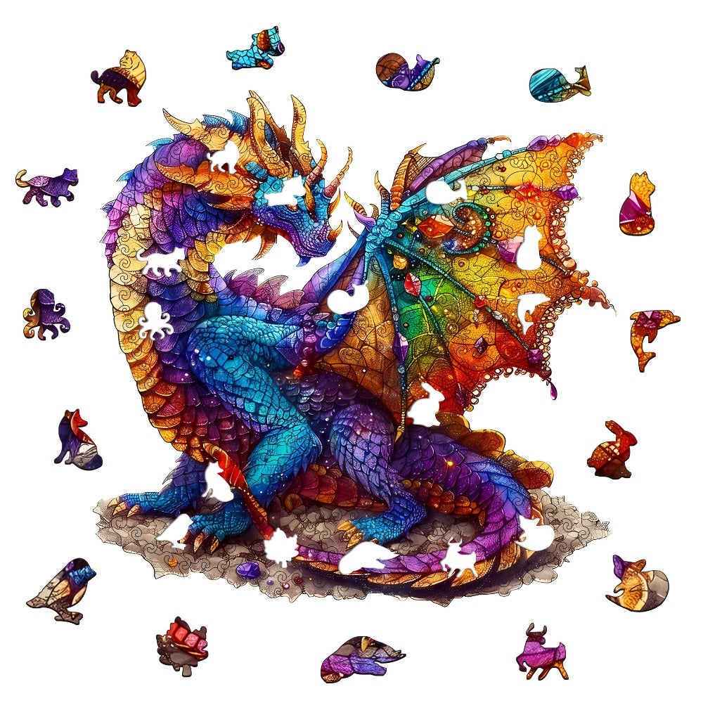Dragon Wooden Jigsaw Puzzle Gemstone Fantasy – Colorful Irregular Animal Shaped Pieces, Unique Non-Repetitive Plywood Brain Teaser, 2 Sizes S & L, Wall Art Home Decor, Birthday Christmas Gift for Adults Teens