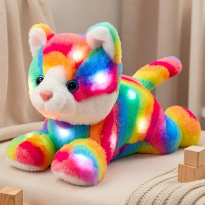 Glowing Rainbow Cat Stuffed Animal Plush Toy — Colorful LED Light Up Musical Soft Plush Kitten Doll for Kids Girls Boys | Birthday Christmas New Year Party Gift | Room & Party Decor