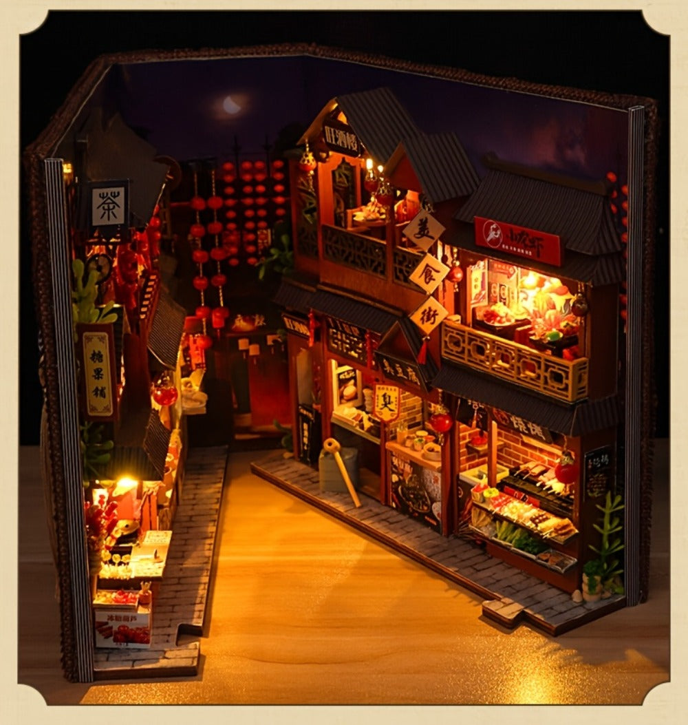 Book Nook Kit Chinese Food Street Miniature Dollhouse 3D Wooden Puzzle Bookshelf Insert DIY Model Building Set for Adults Teens – No Glue Needed Birthday Christmas Housewarming Gift