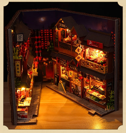 Book Nook Kit Chinese Food Street Miniature Dollhouse 3D Wooden Puzzle Bookshelf Insert DIY Model Building Set for Adults Teens – No Glue Needed Birthday Christmas Housewarming Gift