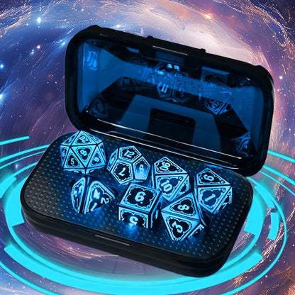 Glowing DnD Dice Set with Wireless Rechargeable Charging Case – 7-Piece LED Light Up Polyhedral Dice D4 D6 D8 D10 D12 D20 for Dungeons & Dragons, Pathfinder & Tabletop RPG, 6-Hour Battery, Mixed Blue Purple, Unique Gamer Gift