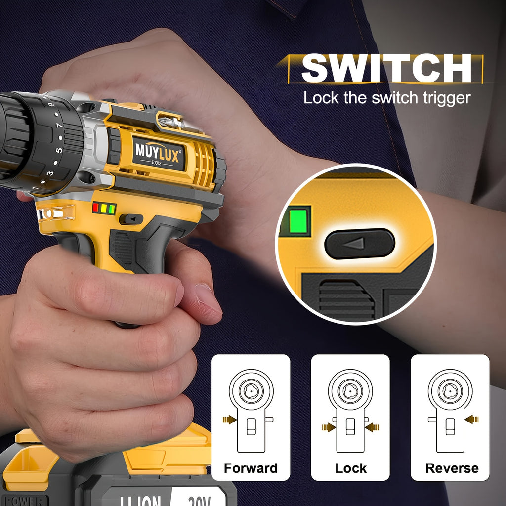 20V Cordless Drill Set, Impact Power Drill with 3/8 Inch Keyless Chuck, 18+3 Clutch Electric Drill with Work Light, Max Torque 45Nm, 2-Variable Speed And 2.0AH Batteries And Fast Charger