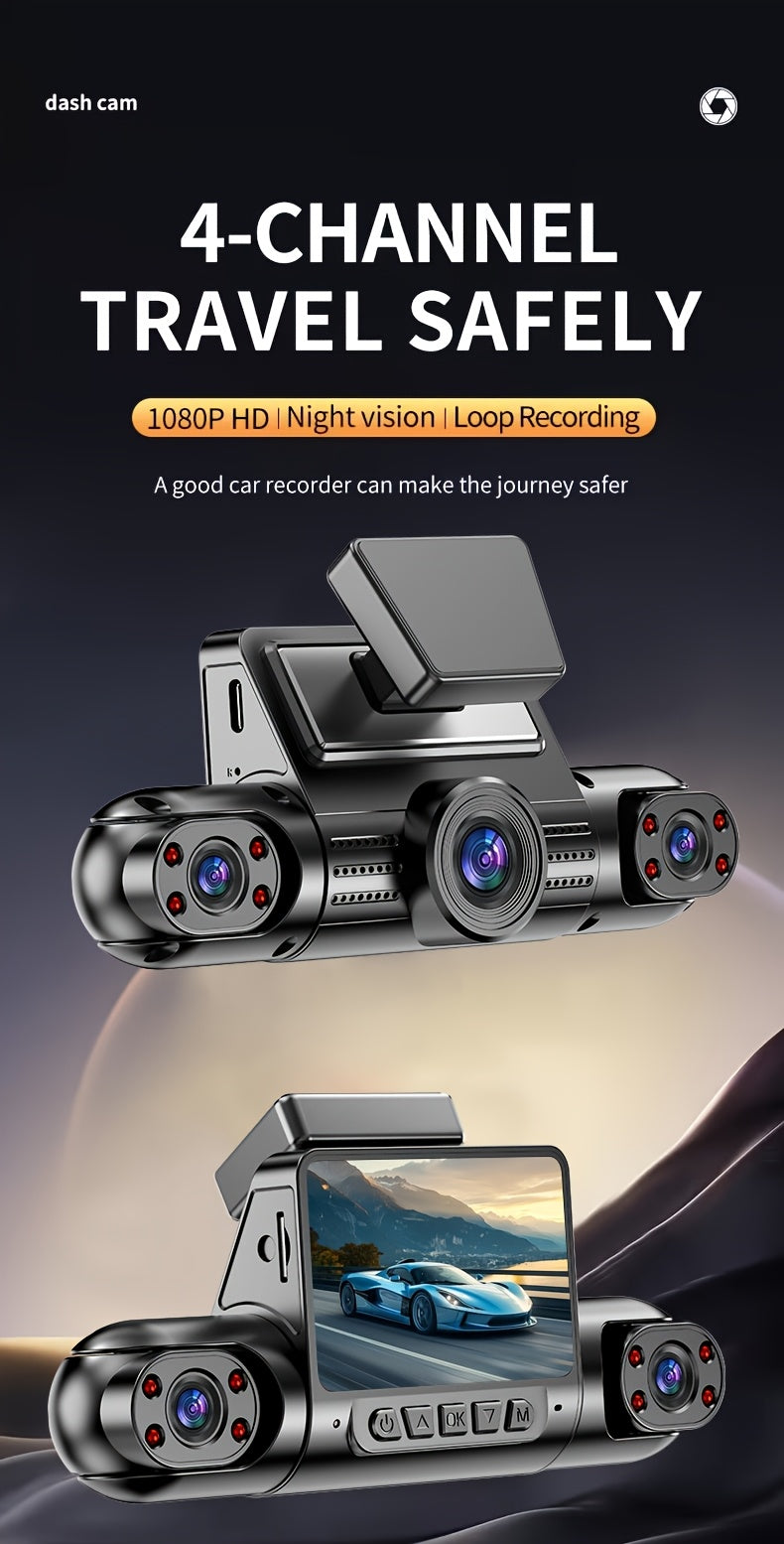 This Is a Comprehensive Driving Recorder Set Featuring Four Lenses, Offering 360-Degree Coverage with 1080P Resolution for The Front And 720P for The Rear, Sides, And Full Display. It Includes High-Definition Night Vision, WDR, G Sensor