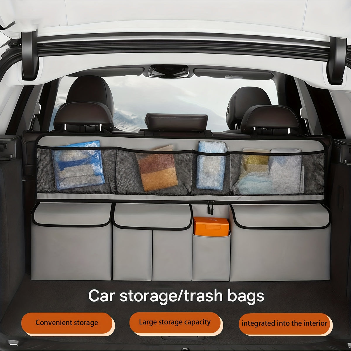 QIANKUNBAG Car Trunk Organizer, Large Capacity Vehicle Backseat Hanging Storage Bag with 9 Pockets, Space Saving Auto Seat Back Cargo Organizing Additions, Universal for SUV, Truck, Van