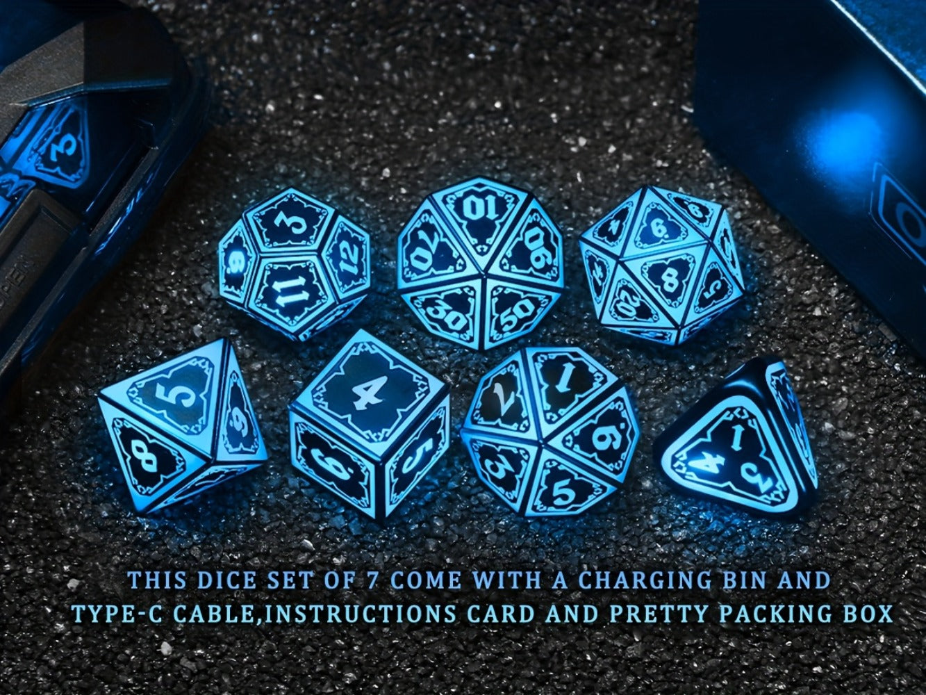 Glowing DnD Dice Set with Wireless Rechargeable Charging Case – 7-Piece LED Light Up Polyhedral Dice D4 D6 D8 D10 D12 D20 for Dungeons & Dragons, Pathfinder & Tabletop RPG, 6-Hour Battery, Mixed Blue Purple, Unique Gamer Gift