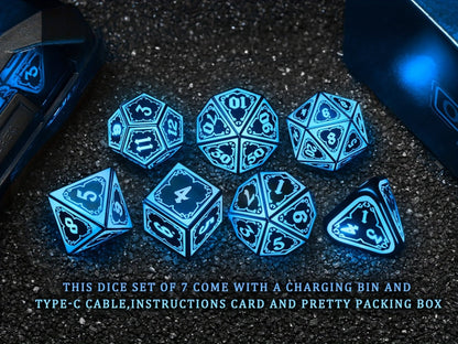Glowing DnD Dice Set with Wireless Rechargeable Charging Case – 7-Piece LED Light Up Polyhedral Dice D4 D6 D8 D10 D12 D20 for Dungeons & Dragons, Pathfinder & Tabletop RPG, 6-Hour Battery, Mixed Blue Purple, Unique Gamer Gift