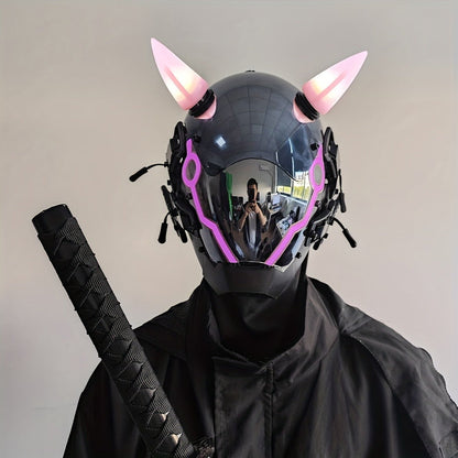 Electric Pink Punk Cosplay Mask with Helmet – Battery-Powered LED Full Face Mask for Halloween, Christmas, Easter, Rave Music Festival & Party, Unisex Adult Costume Prop, Cool Gift for Men & Women