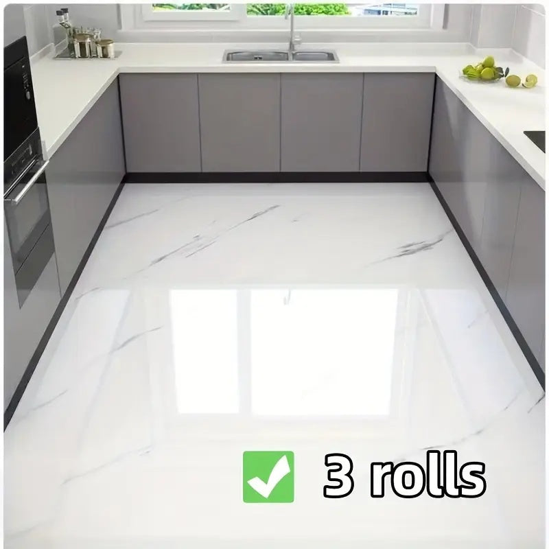 Self-Adhesive Marble Vinyl Floor Wallpaper 3 Rolls 23.62x197.75in - Waterproof Oil-Proof Anti-Slip Wear-Resistant Peel and Stick Floor Tiles for Kitchen Bathroom Living Room Home Renovation Straight Edge