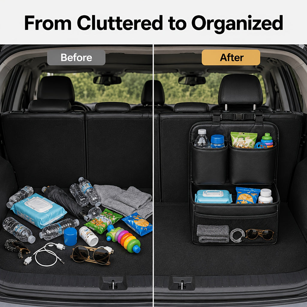 QIANKUNBAG Premium PU Leather Car Organizer Trunk Organizer with Multi-Pocket Storage, Adjustable Straps & Bottle Slots - Versatile Automobile Accessories for Organization And Travel