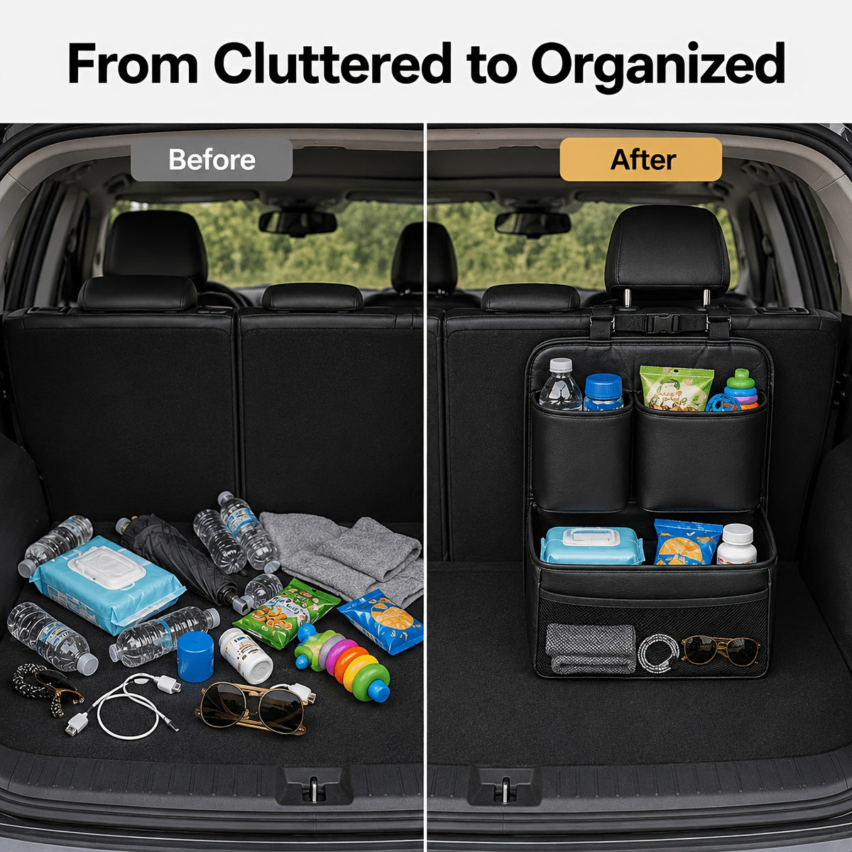 QIANKUNBAG Premium PU Leather Car Organizer Trunk Organizer with Multi-Pocket Storage, Adjustable Straps & Bottle Slots - Versatile Automobile Accessories for Organization And Travel