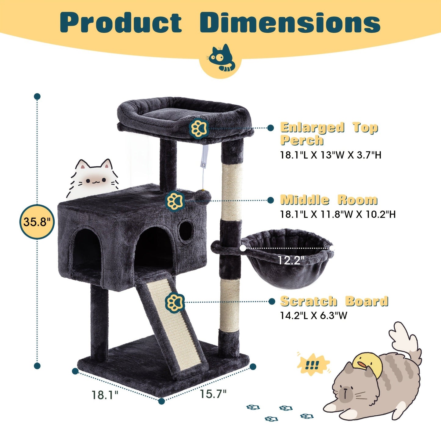 Cat Tree Tower Multi-Level for Indoor Cats - Cat Furniture with Sisal Scratching Posts, Plush Perches, Hammock, Basket & Corner Condo Cave, Hanging Toys & Climbing Ramp, Multiple Sizes & Colors