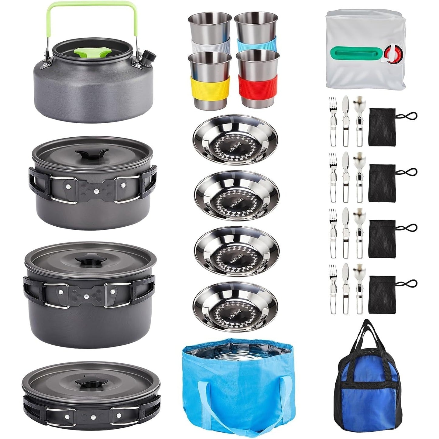 Backpacking Cookware Mess Kit 19/27pcs – Non-Stick Pot Pan Kettle with Stainless Steel Cutlery, Lightweight Camping Cook Set for Open Fire, Hiking & Outdoor Cooking