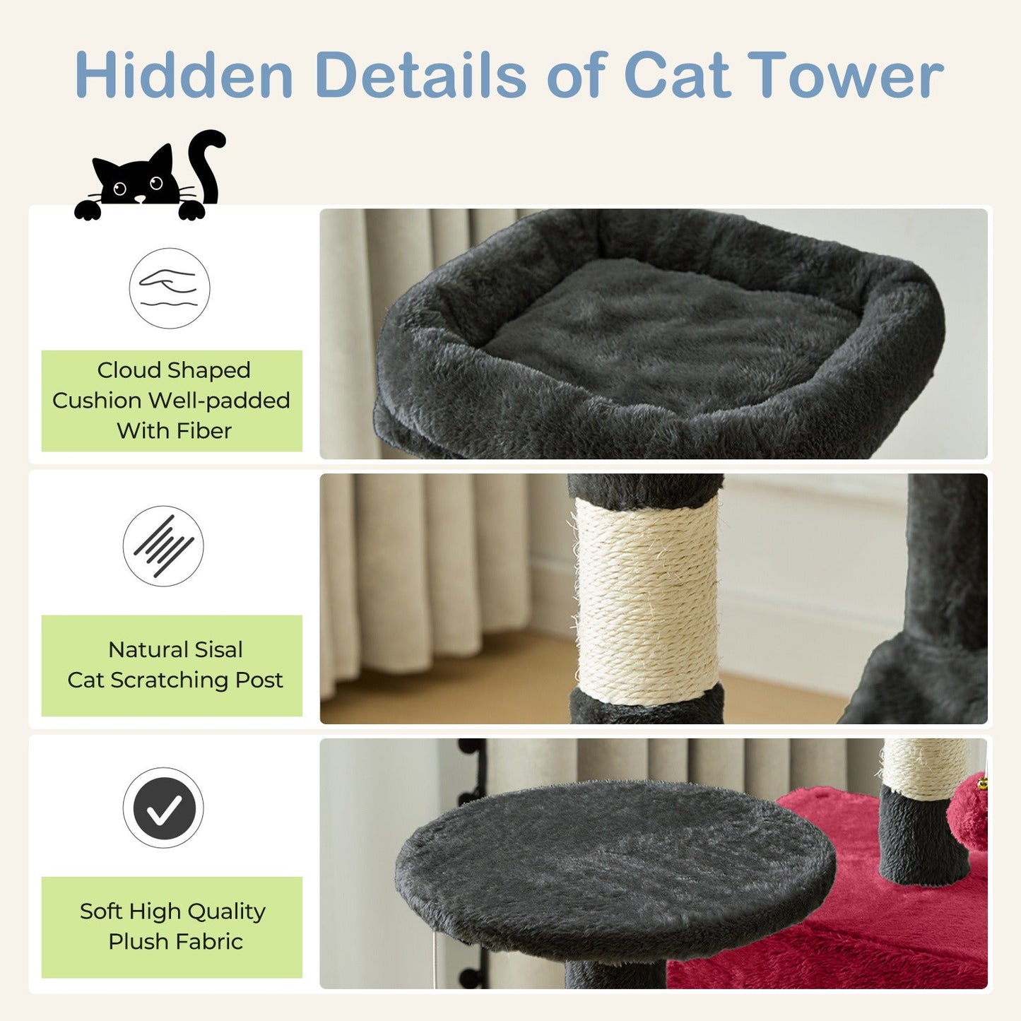 44-Inch Cat Tree Tower with Condo & Hammock - Multi-Level Indoor Cat Tree with Natural Sisal Scratching Posts, Perches & Pet House for Cats & Kittens, Stable Cat Climbing Tower, 5 Colors