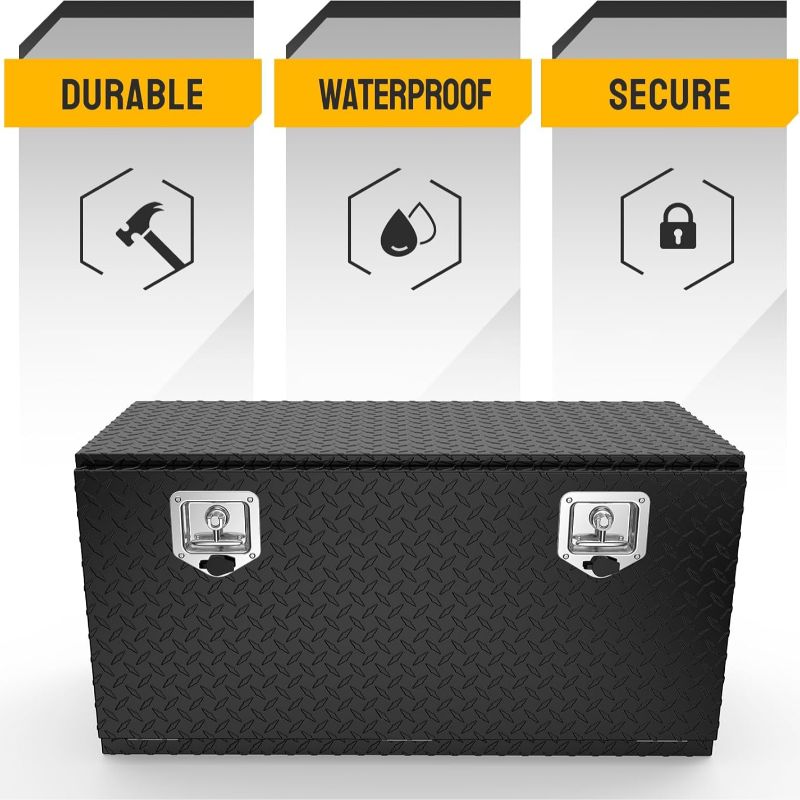 Aluminum truck toolbox with T-shaped handle lock and key, made of aluminum alloy, suitable for storage and organization of trailers, pickups, truck beds, four-wheel drive vehicles, all-terrain vehicles and campers. Black version.