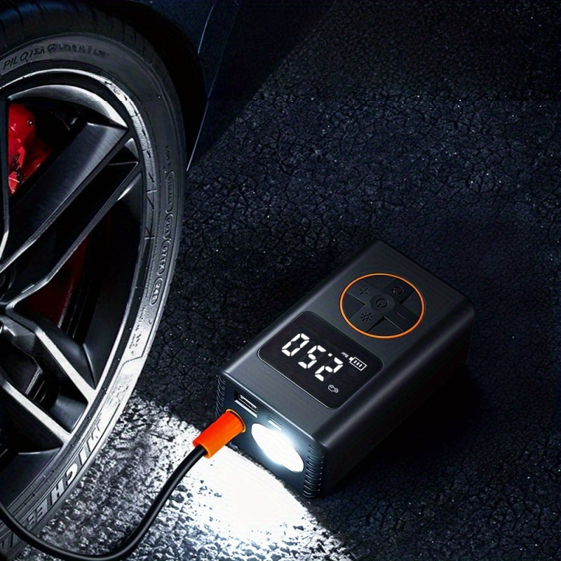 Portable Air Compressor for Tire Inflation Featuring an Automatic Shut-Off, Capable of 150PSI. This Car Tire Pump Comes with a Digital Pressure Gauge And LED Light, Powered by a Rechargeable Lithium Battery, And Is Ideal for Car Tires, Motorcycles