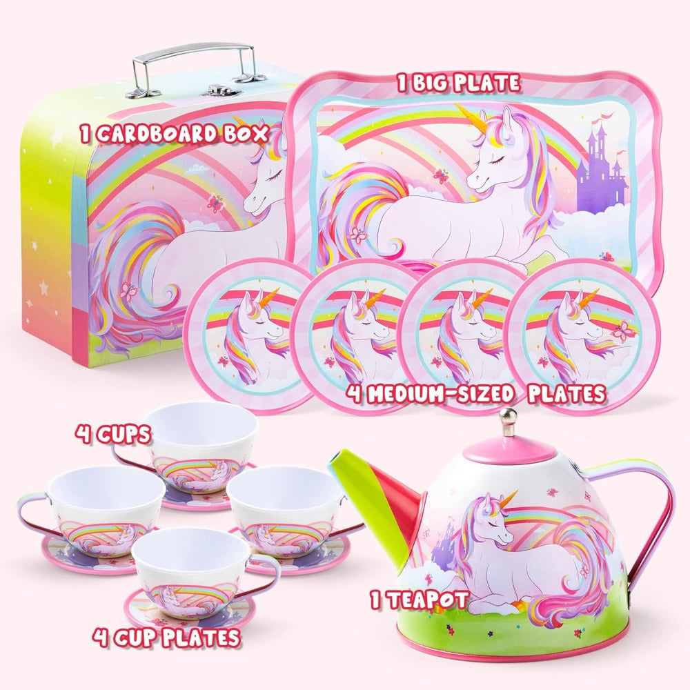 Unicorn Tea Party Set for Girls – Pretend Play Pink Tin Teapot with Cups, Plates & Carrying Case, Magical Rainbow Design, Birthday Christmas Gift for Kids Ages 3+