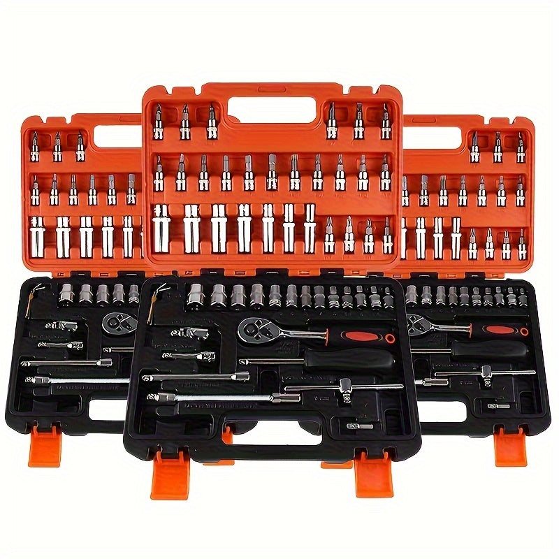 53/82/121/151pcs Heavy Duty Set with Ratchet, Extension Rods & Joints - Adjustable 6-Point Drive Kit Suitable for Automotive, Marine, Motorcycle Repair, Metric (8-22mm) & SAE (1/4"/1/2")