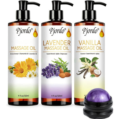 Massage Oil Set 3pcs Roller Ball – Vanilla Arnica & Lavender Essential Oils Moisturizing Body Massage Kit for Couples Date Night Relaxation Muscle Relief Unisex 4.06oz