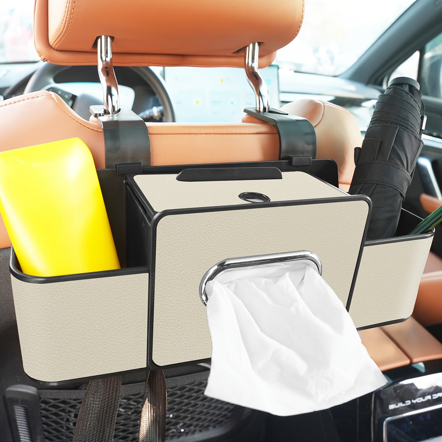 Car Backseat Organizer with 2 Dual Cup Holders, Tissue Box & Storage Compartments, Multi-Function Car Seat Storage with Hooks for Ultimate Travel Convenience