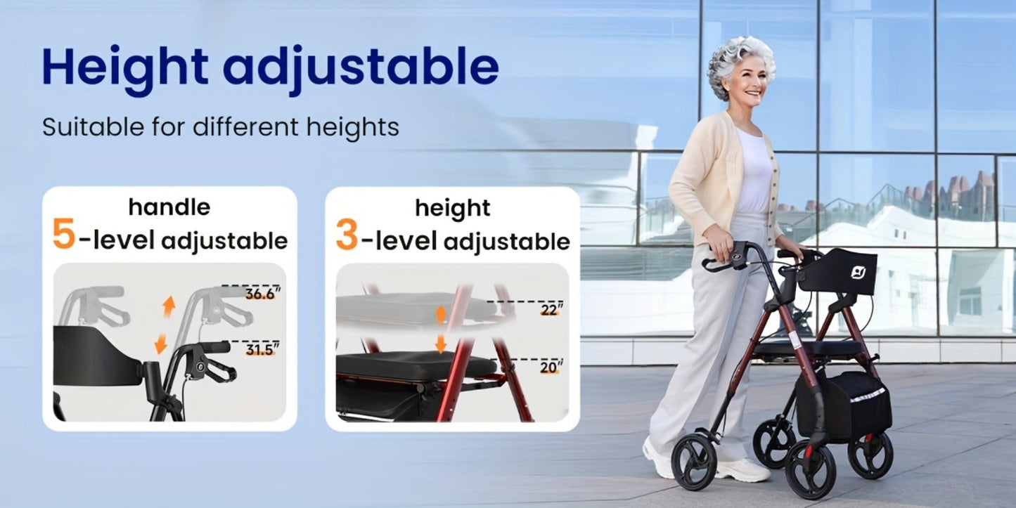 Rollator Walker for Seniors Foldable with 8-Inch Big Wheels, Durable Aluminum All-Terrain Rolling Walker with Ergonomic Backrest & Dual Adjustable Height, Upright Walker Option Available for Elderly