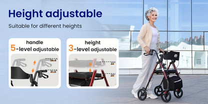Rollator Walker for Seniors Foldable with 8-Inch Big Wheels, Durable Aluminum All-Terrain Rolling Walker with Ergonomic Backrest & Dual Adjustable Height, Upright Walker Option Available for Elderly