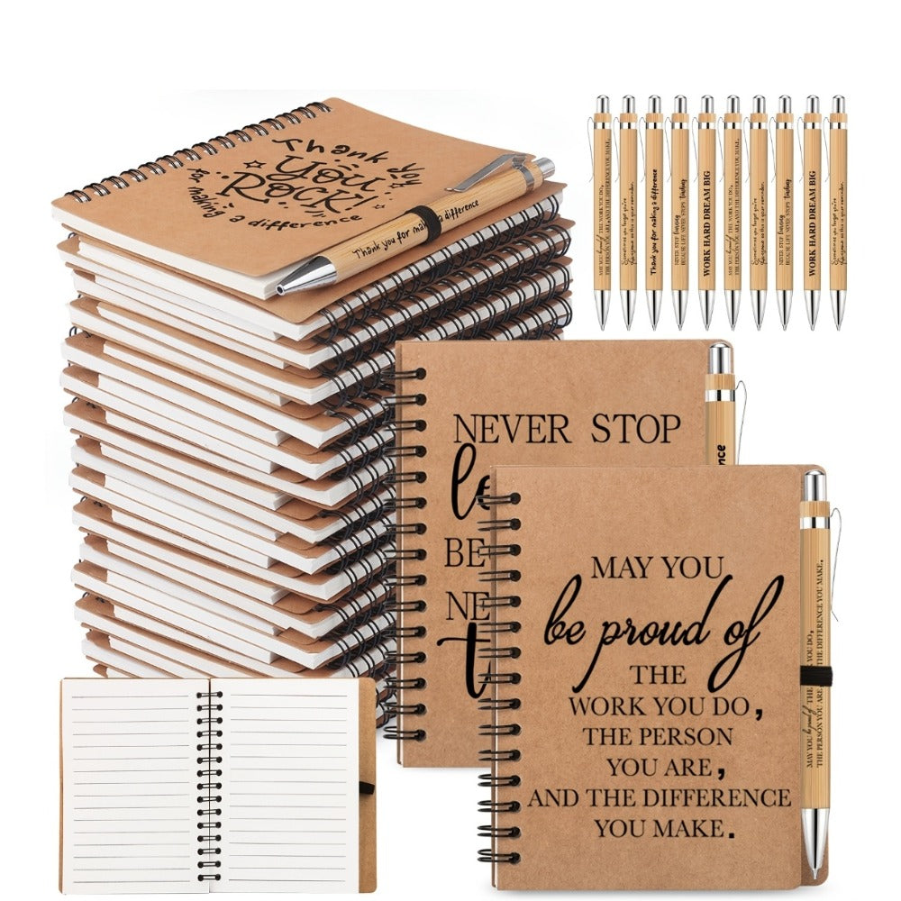 Spiral Notebooks with Retractable Bamboo Pens Bulk Gift Set – 30 Pack Inspirational Journals Thank You Gifts for Teachers Employees Back to School Encouragement Notepad