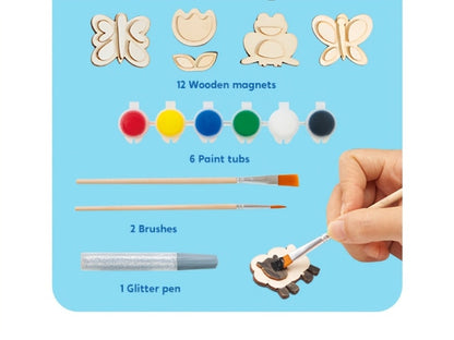 DIY Wooden Magnet Painting Kit for Kids – 12pcs Arts and Crafts Set with Paint Palette Brush Glitter Glue, Creative Activity Birthday Party Favor Gift Boys Girls Ages 3+
