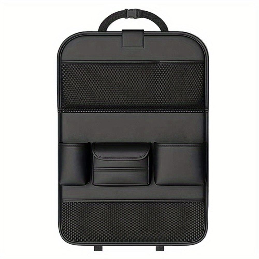 PU Leather Car Seat Back Organizer – Multi-Pocket Backseat Storage Bag with Mesh Pockets, Laptop Holder & Foldable Design for Car Interior Travel Accessories, Black