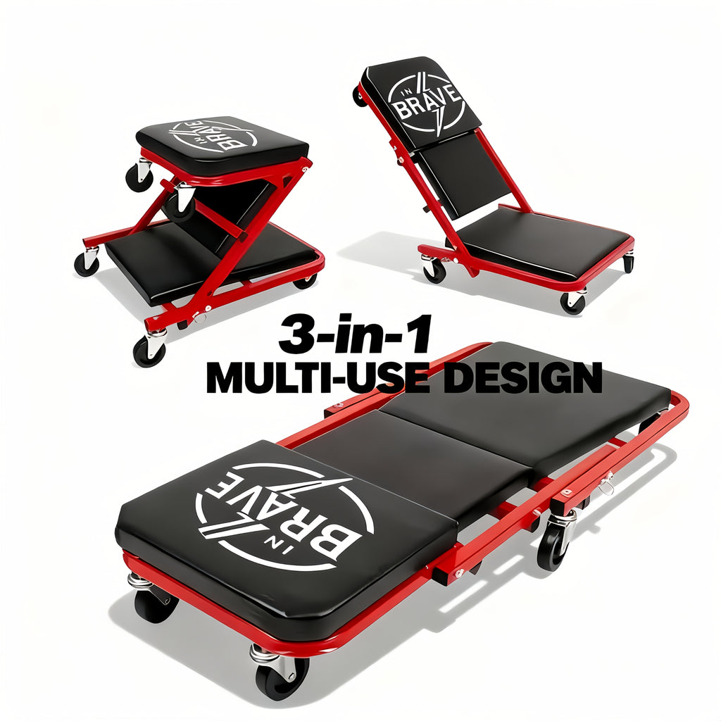 36" Heavy-Duty 3-In-1 Folding Crawler. Professional-Grade with Adjustable Z-Seat (Tilt/Recline). Features 6 Lockable Casters And A 350-650 Lb Capacity. The Essential Red/Black Tool for Multi-Purpose Automotive Repair