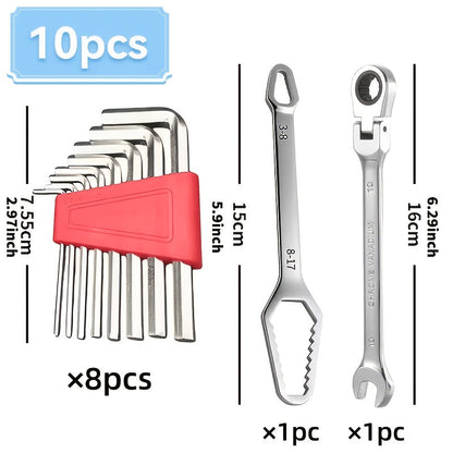 Wrench Set 10-Piece Multi-Function – 8 Hex Wrenches, Flare Wrench & 10mm Ratchet Wrench, Chrome Vanadium Steel, 180° Rotating Double-Ended 72-Tooth Precision Gear Design