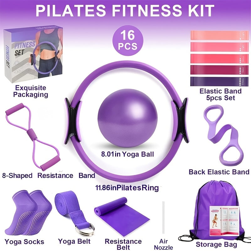Silicone Pilates Exercise Set 16-Piece – Pilates Rings, Resistance Bands, Yoga Ball & Accessories for Home Yoga & Daily Fitness Workouts – Pink & Purple
