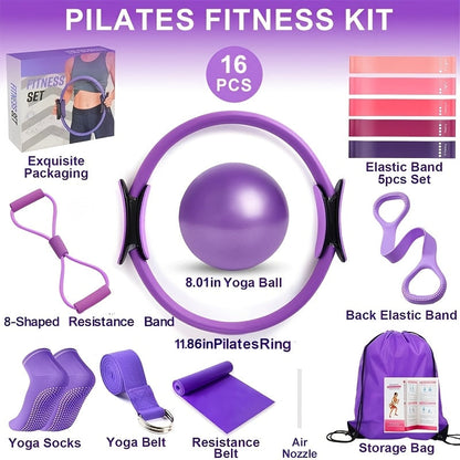 Silicone Pilates Exercise Set 16-Piece – Pilates Rings, Resistance Bands, Yoga Ball & Accessories for Home Yoga & Daily Fitness Workouts – Pink & Purple