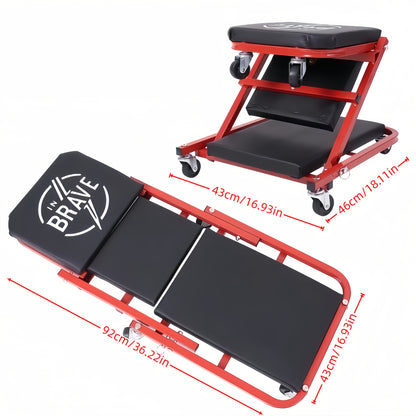 36" Heavy-Duty 3-In-1 Folding Crawler. Professional-Grade with Adjustable Z-Seat (Tilt/Recline). Features 6 Lockable Casters And A 350-650 Lb Capacity. The Essential Red/Black Tool for Multi-Purpose Automotive Repair