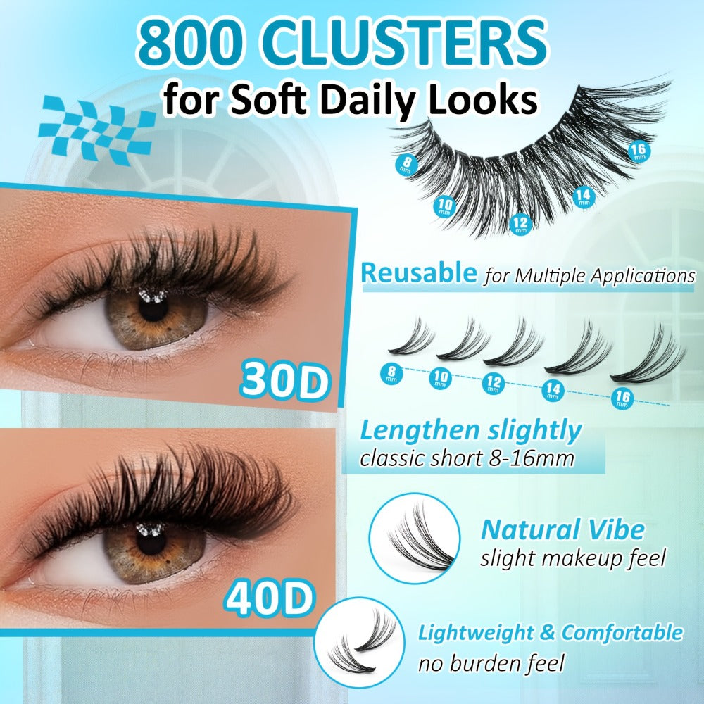 800Pcs Fluffy Wispy Lash Clusters Kit — 30D 40D Mixed Length 8-16mm DIY Eyelash Extensions with 2-in-1 Bond & Seal Glue and Tweezers, Natural Long-Lasting Cluster Lashes for Everyday Wear & Events