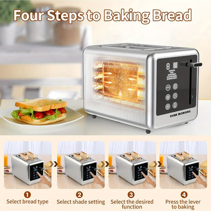 Stainless Steel Toaster 2-Slice Smart Touch Screen – 5 Bread Selections, 7 Shade Settings, Bagel/Defrost/Cancel/Reheat, 1.5" Wide Slot, Removable Crumb Tray