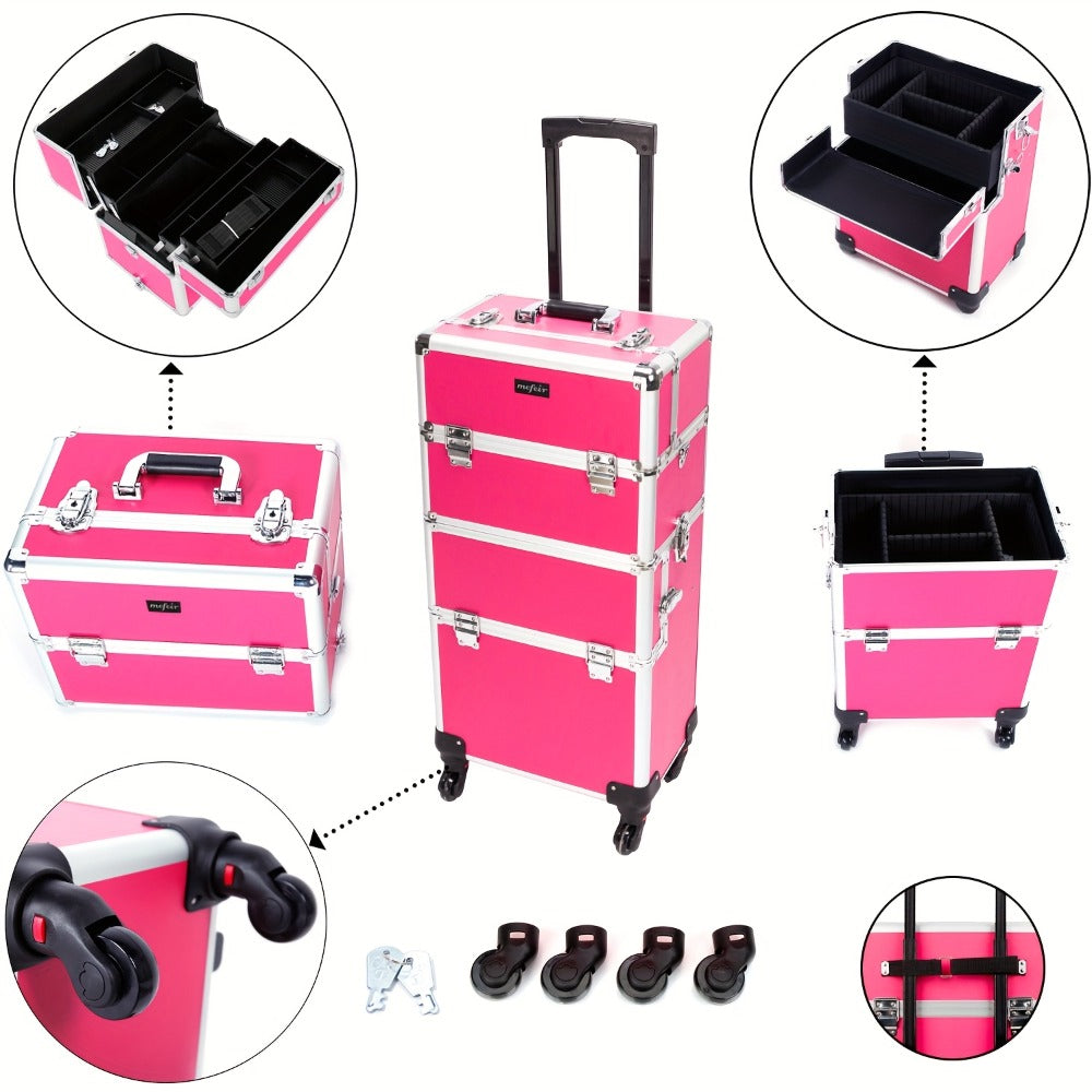 Lockable Aluminum Makeup Train Case with Extendable Trays Multi-Tier Professional Cosmetic Organizer — Portable Salon Travel Beauty Case with Lock Pink Rose Gold