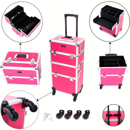 Lockable Aluminum Makeup Train Case with Extendable Trays Multi-Tier Professional Cosmetic Organizer — Portable Salon Travel Beauty Case with Lock Pink Rose Gold