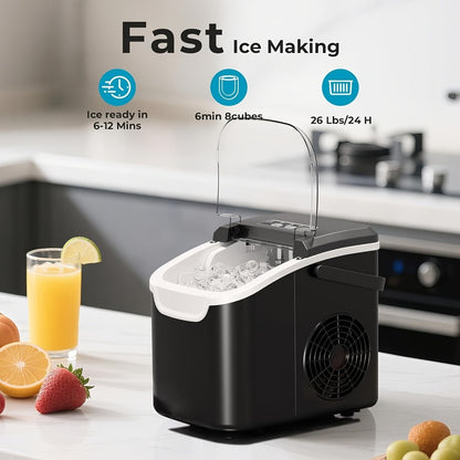Pebble Ice Maker Countertop – 26 Lbs/24H, 2 Ice Cube Sizes, Sonic Bullet Ice Machine, Auto-Cleaning, Stainless Steel, Ice Scoop & Basket, Optional Descaler Kit for Home, Kitchen, Camping & RV
