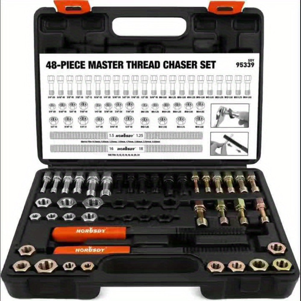 Thread Repair Kit 48-Piece – UNF UNC & Metric Tap and Die Rethreading Set, SAE & Metric Thread Chaser for Bolt & Nut Repair, Color-Coded with Storage Case