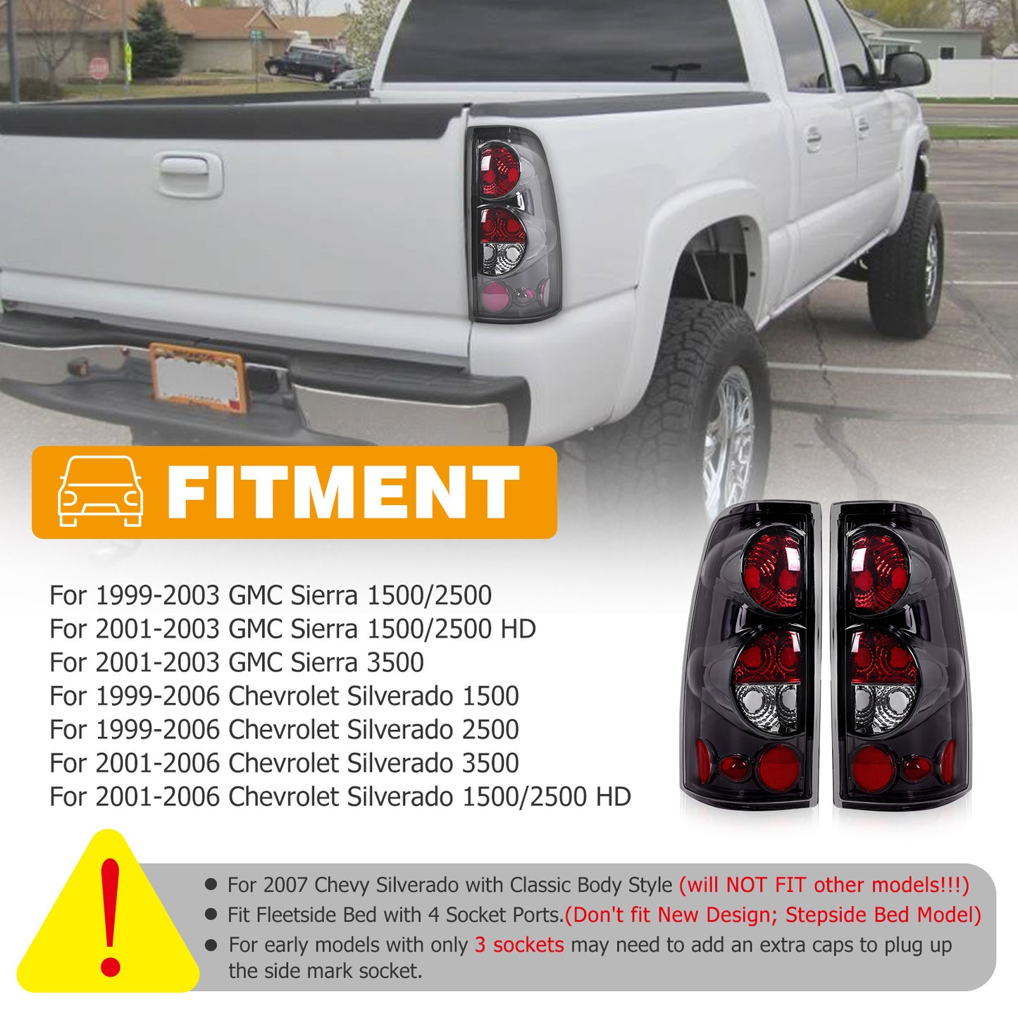 Tail Lights A Pair for Chevy 1500 2500 3500 1999-2006 for GMC Sierra 99-03 Tail Lights, Without Battery