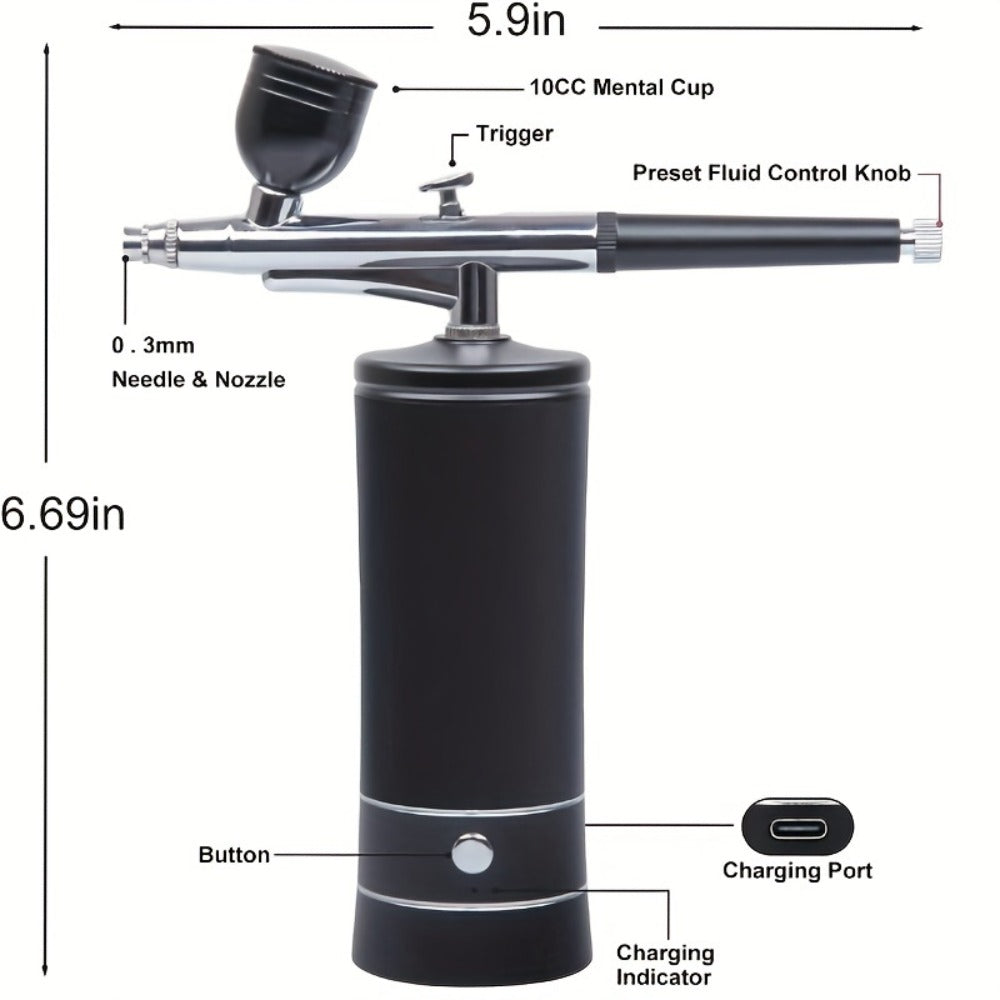 Portable Cordless Airbrush Kit with Compressor 0.3mm Nozzle – USB-C Rechargeable 23-27PSI Airbrush Gun for Makeup Nail Art Cake Decorating Painting Tattoo Model