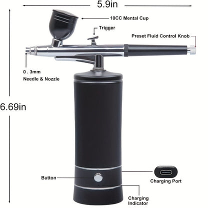 Portable Cordless Airbrush Kit with Compressor 0.3mm Nozzle – USB-C Rechargeable 23-27PSI Airbrush Gun for Makeup Nail Art Cake Decorating Painting Tattoo Model
