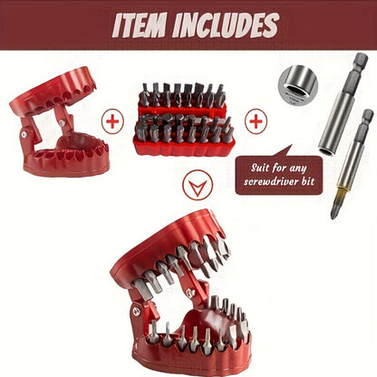 Drill Bit Holder with Base & 28-Piece 1/4" Hex Drill Bits – 2-in-1 Desktop Screwdriver & Desk Organizer Gadget, Unique Tool Gift for DIY Enthusiasts & Home Workshop