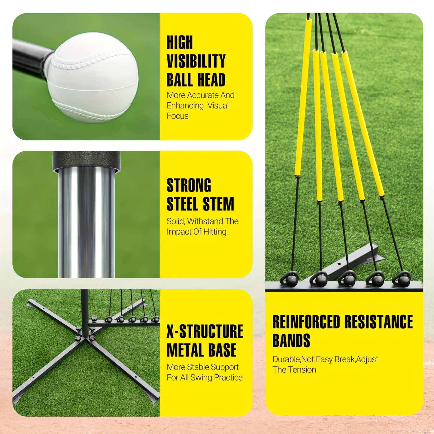Baseball Swing Trainer with 5 Power Bands & Auto Reset System – Height Adjustable 31–47 Inch Portable Batting Trainer with Sturdy Base & Carry Bag for Indoor Outdoor Use, All Skill Levels