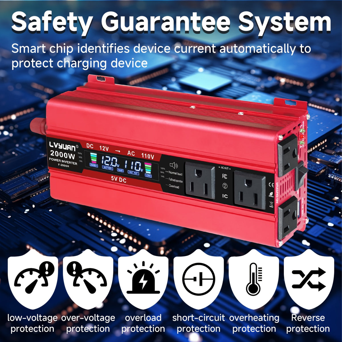 LVYUAN Car Power Inverter 2000W(Peak)1000W 12V to 110V DC to AC with 4 US Sockets, LCD Display, USB Ports for Car, Home, Outdoor, Camping Red