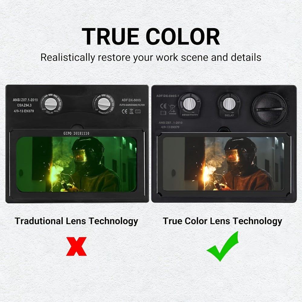 Auto-Darkening Welding Helmet Solar Powered True Color Large View Screen Head-Mounted Welding Mask for MIG TIG ARC Grinding Welder Protection