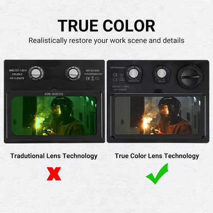 Auto-Darkening Welding Helmet Solar Powered True Color Large View Screen Head-Mounted Welding Mask for MIG TIG ARC Grinding Welder Protection
